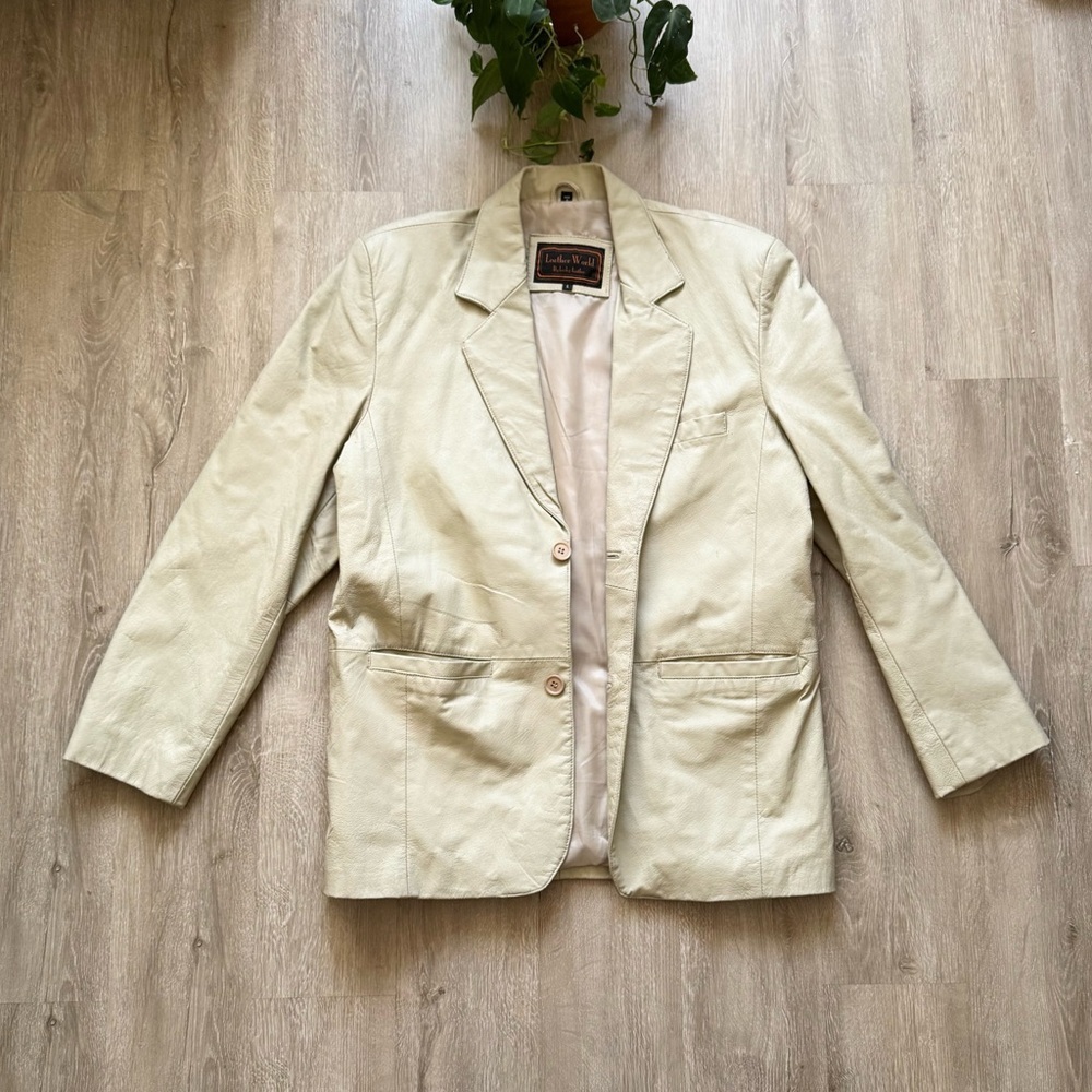 Vintage Cream Light Tan 100% Leather Blazer Jacket